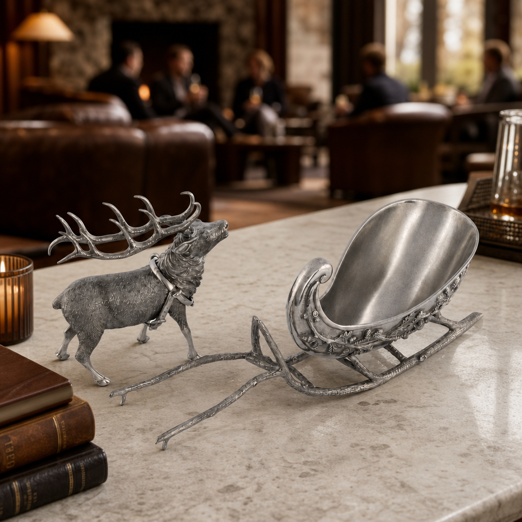 Pewter Reindeer Sleigh Centerpiece