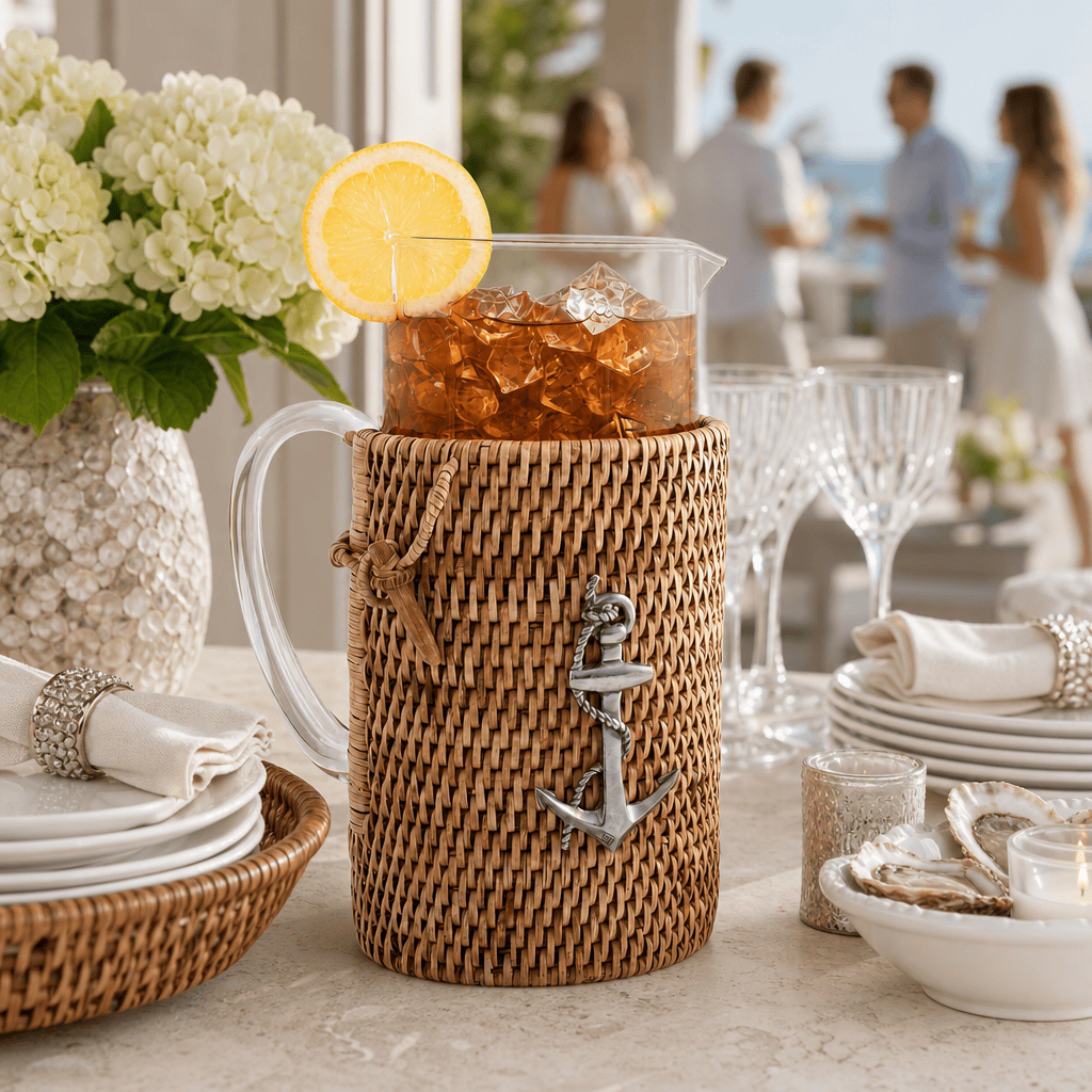 Anchor Glass Pitcher Hand Woven Wicker Natural Rattan Cover