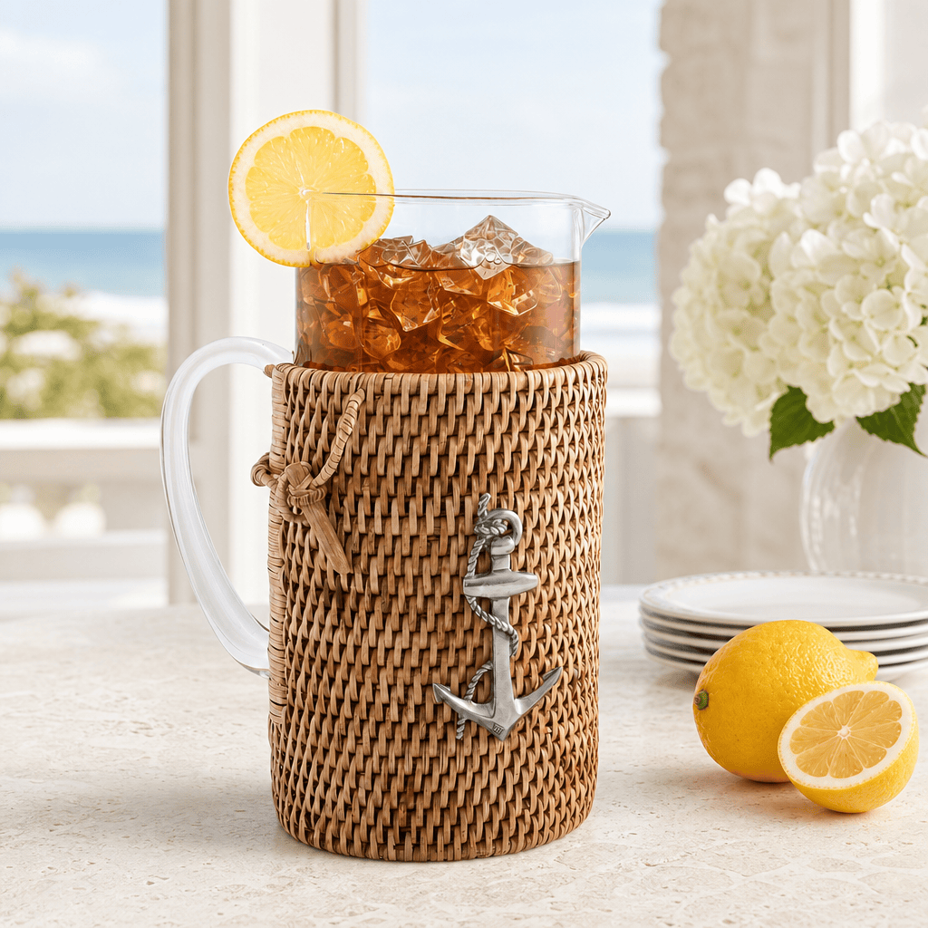 Anchor Glass Pitcher Hand Woven Wicker Natural Rattan Cover
