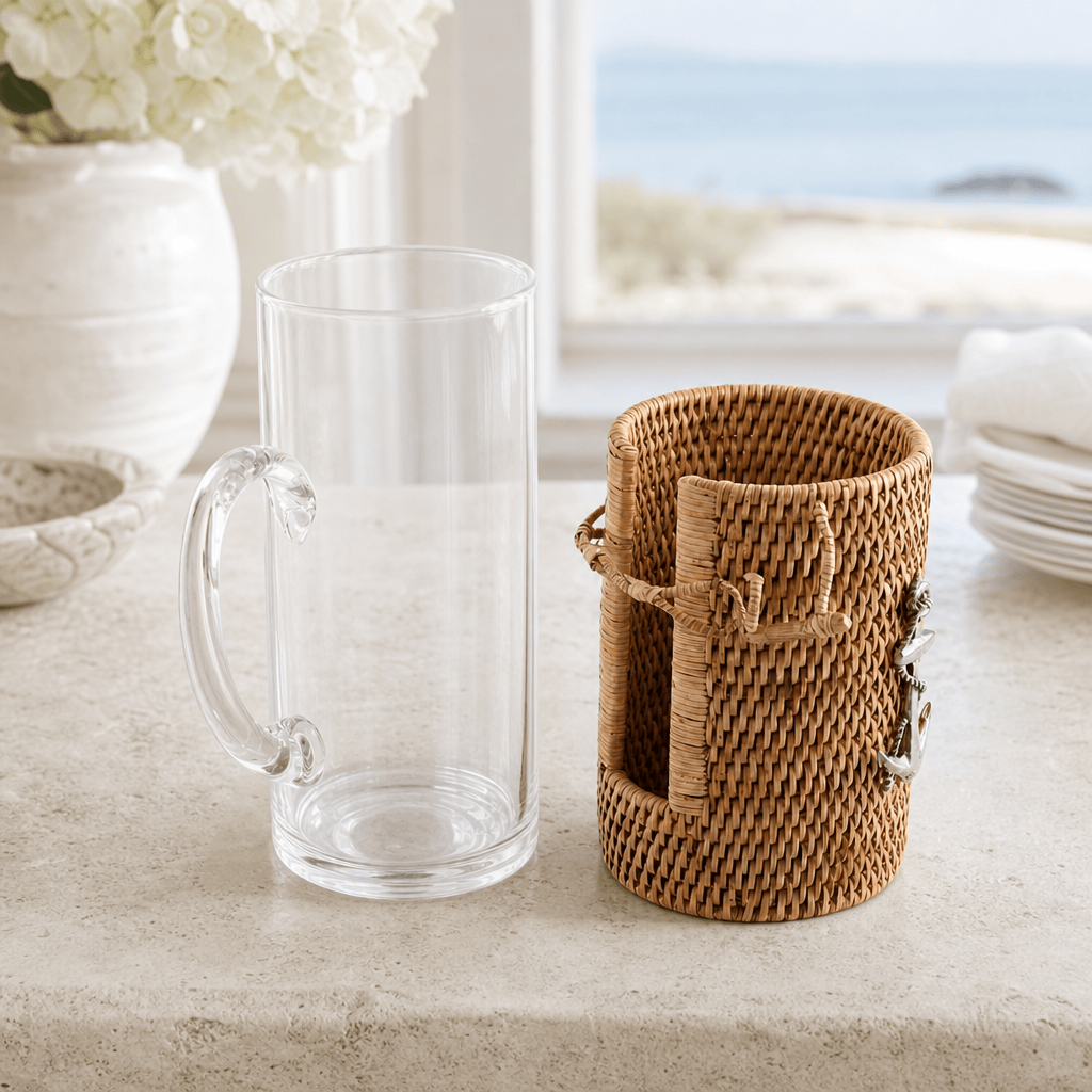 Anchor Glass Pitcher Hand Woven Wicker Natural Rattan Cover