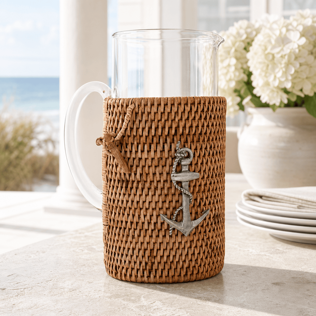 Anchor Glass Pitcher Hand Woven Wicker Natural Rattan Cover