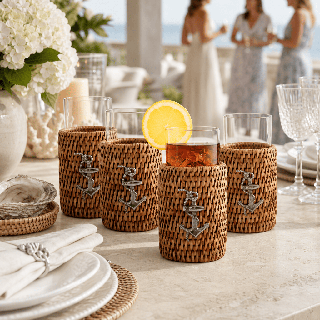 Anchor Drinking Glass Covered with Hand Woven Wicker Rattan - Set of 4