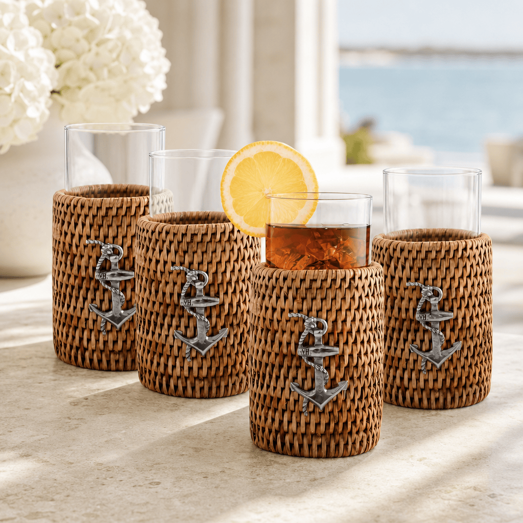 Anchor Drinking Glass Covered with Hand Woven Wicker Rattan - Set of 4
