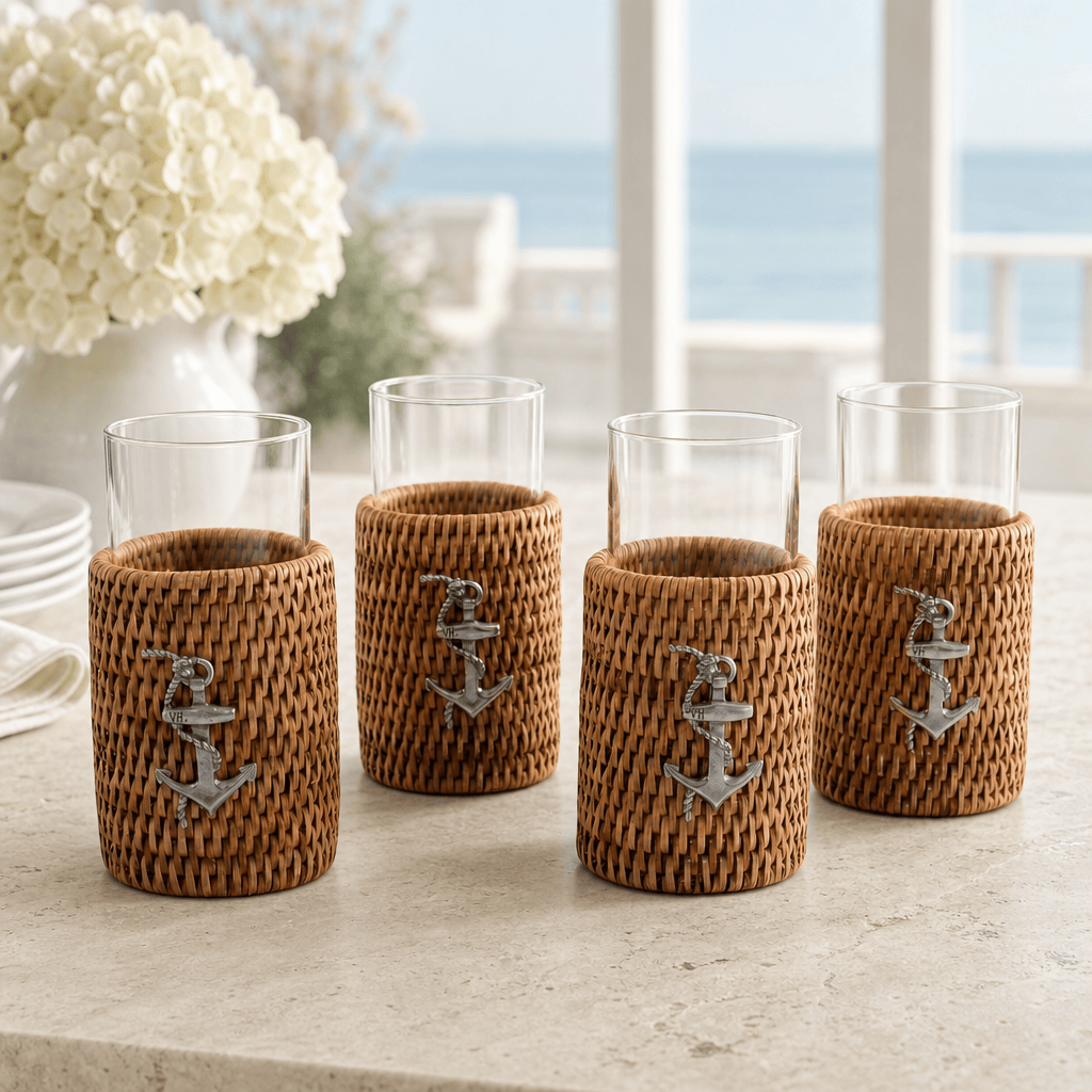 Anchor Drinking Glass Covered with Hand Woven Wicker Rattan - Set of 4