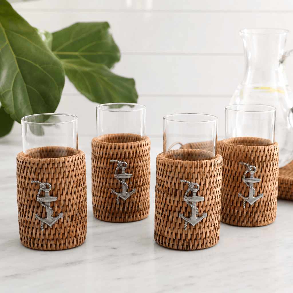 Anchor Drinking Glass Covered with Hand Woven Wicker Rattan - Set of 4