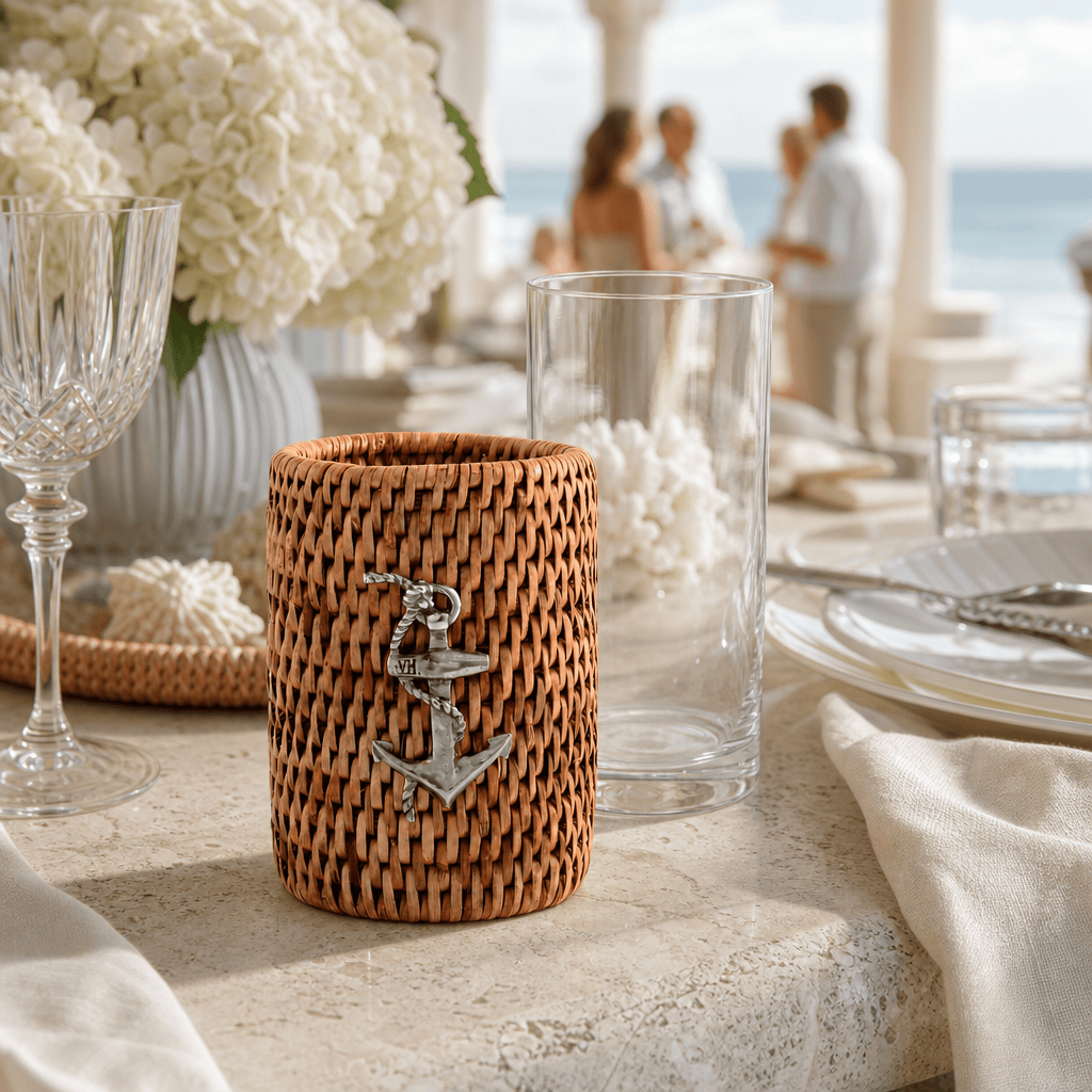 Anchor Drinking Glass Covered with Hand Woven Wicker Rattan - Set of 4