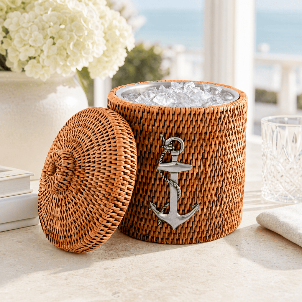 Anchor Hand Woven Wicker Rattan Lidded Ice Bucket