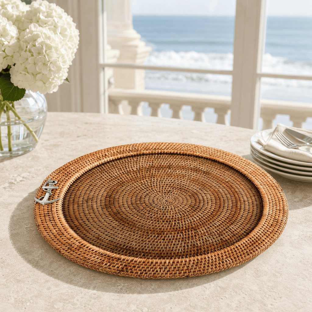 Anchor Round Serving Tray Hand Woven Wicker Rattan - Glass Insert