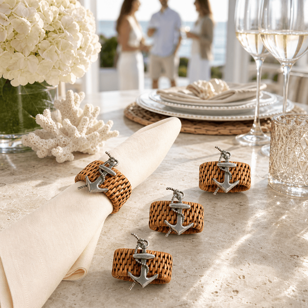 Anchor Hand Woven Wicker Rattan Napkin Ring - Set of 4