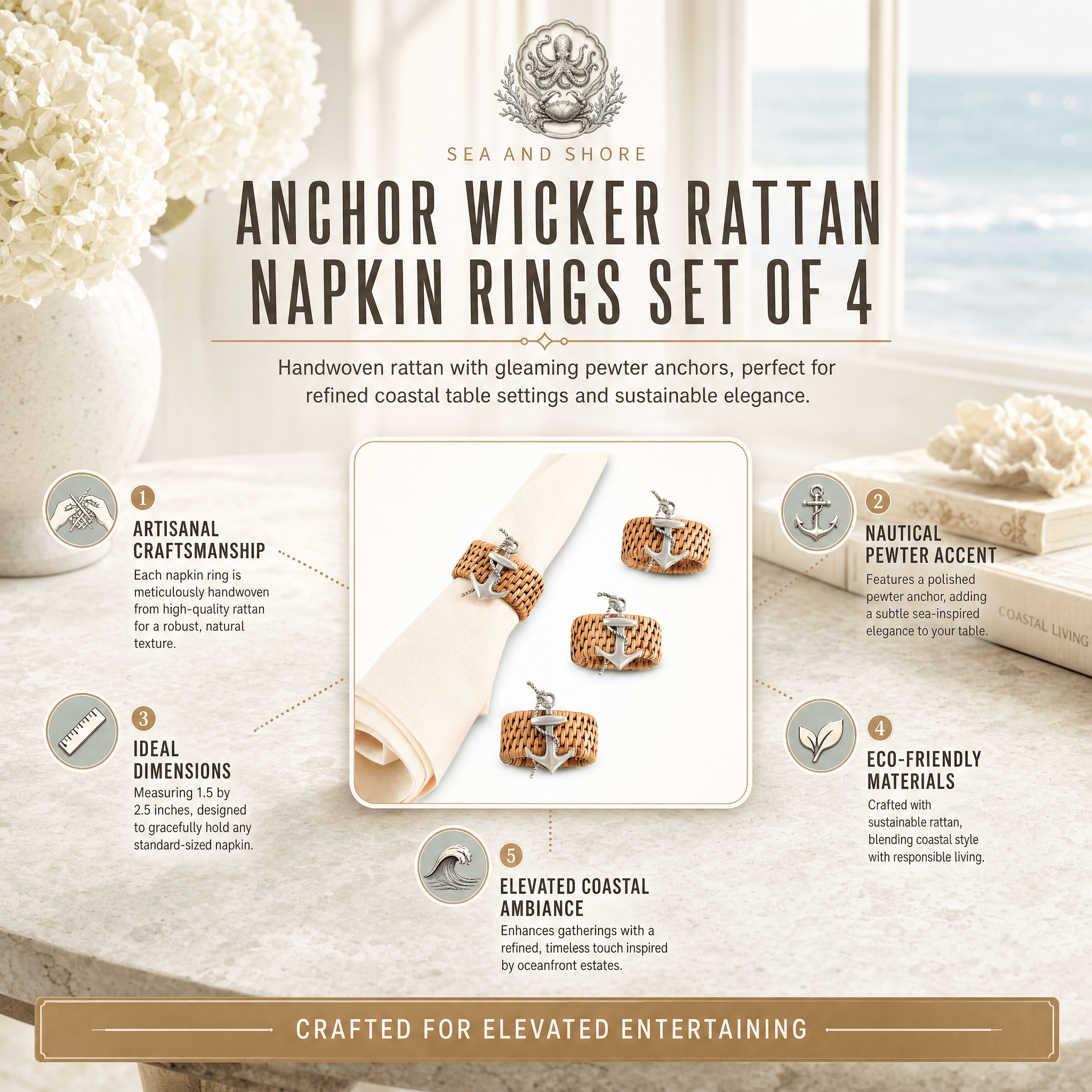 Anchor Hand Woven Wicker Rattan Napkin Ring - Set of 4