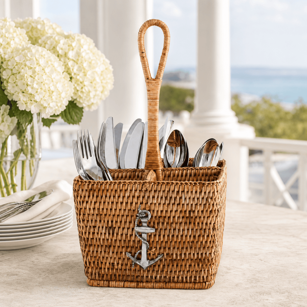 Anchor Hand Woven Wicker Rattan Flatware Caddy