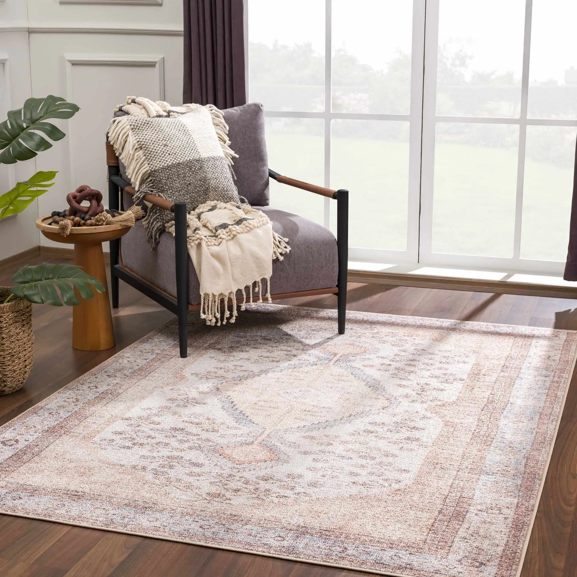 Analu Tan, Light Blue, Brown Non-Slip Washable Rug