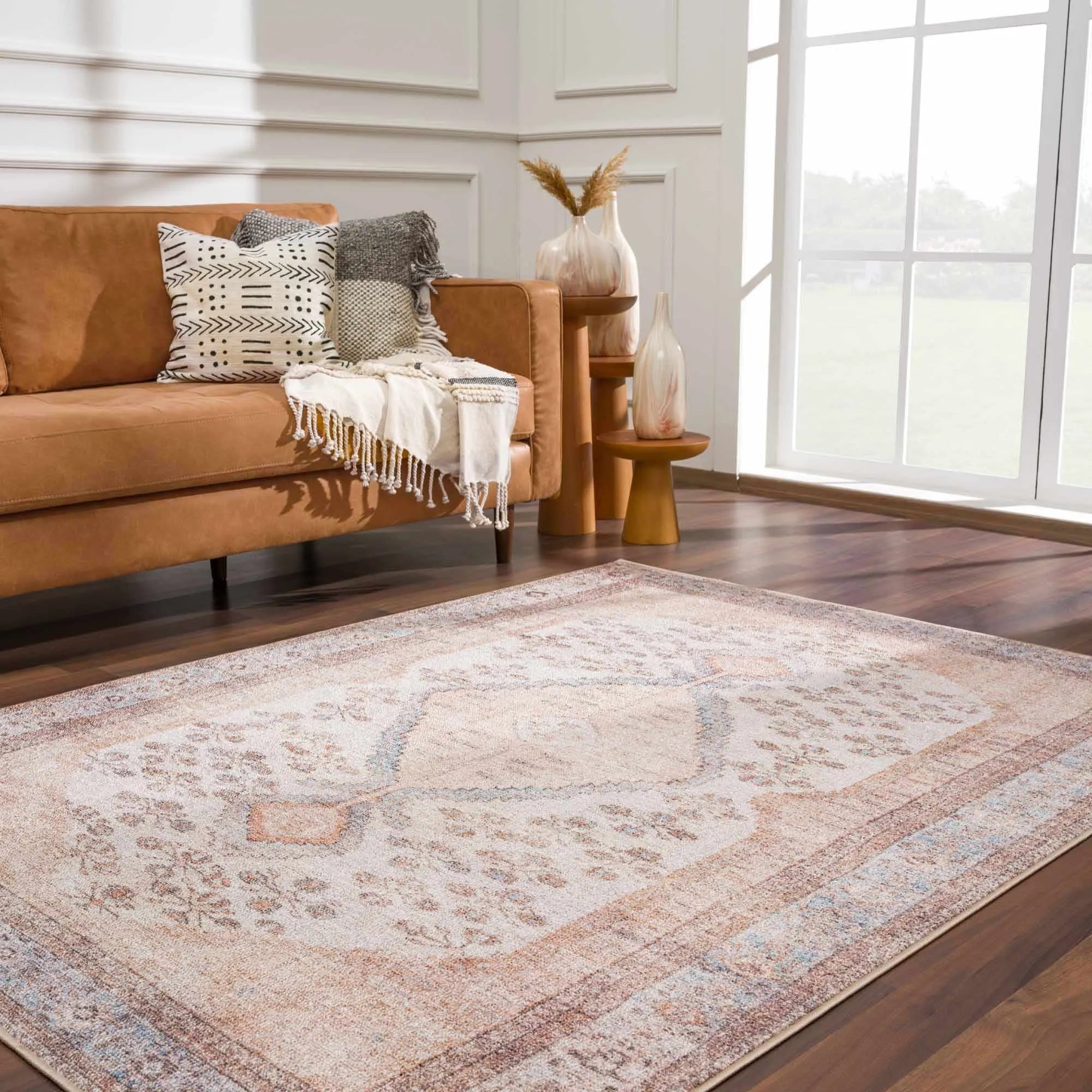 Analu Tan, Light Blue, Brown Non-Slip Washable Rug