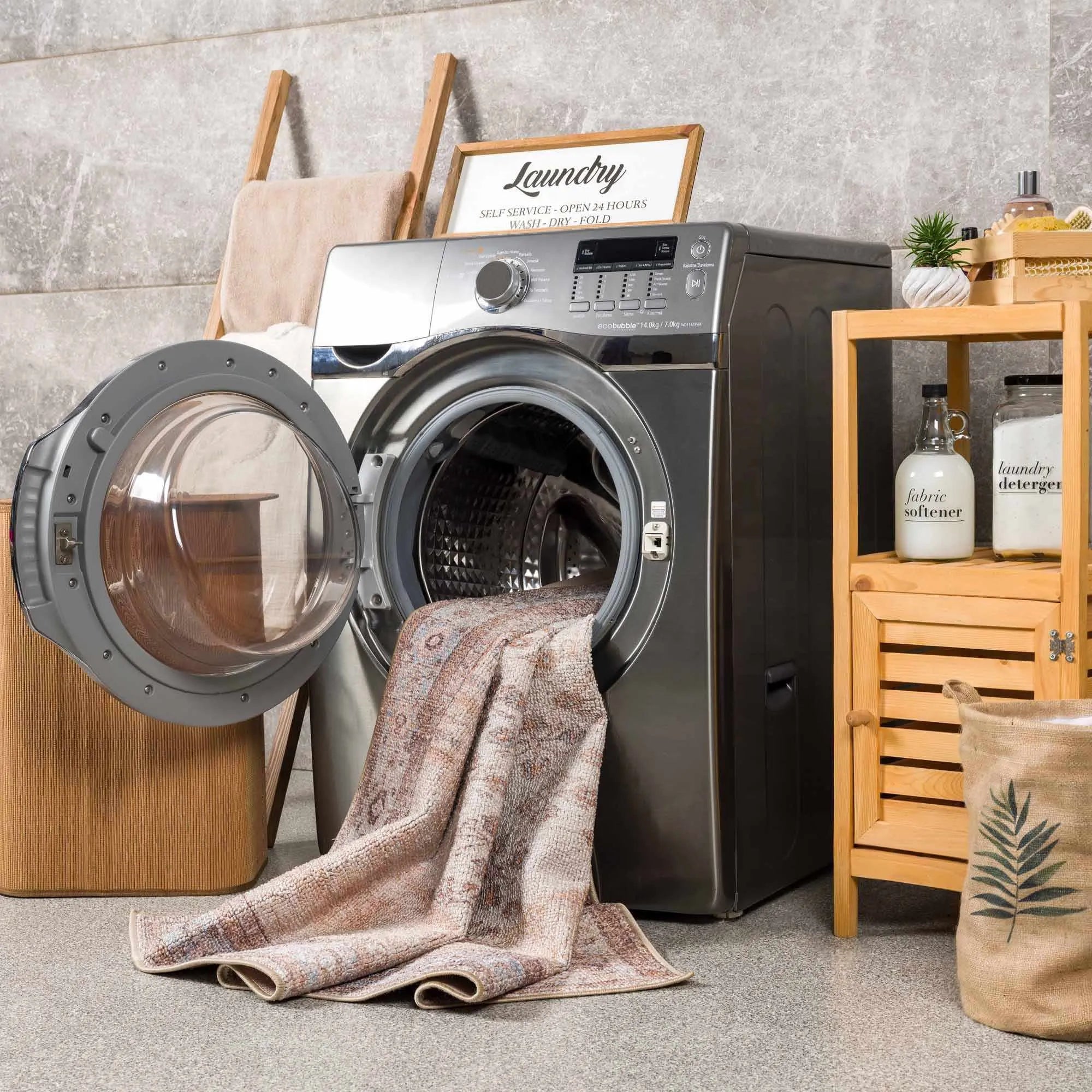 Analu Tan, Light Blue, Brown Non-Slip Washable Rug