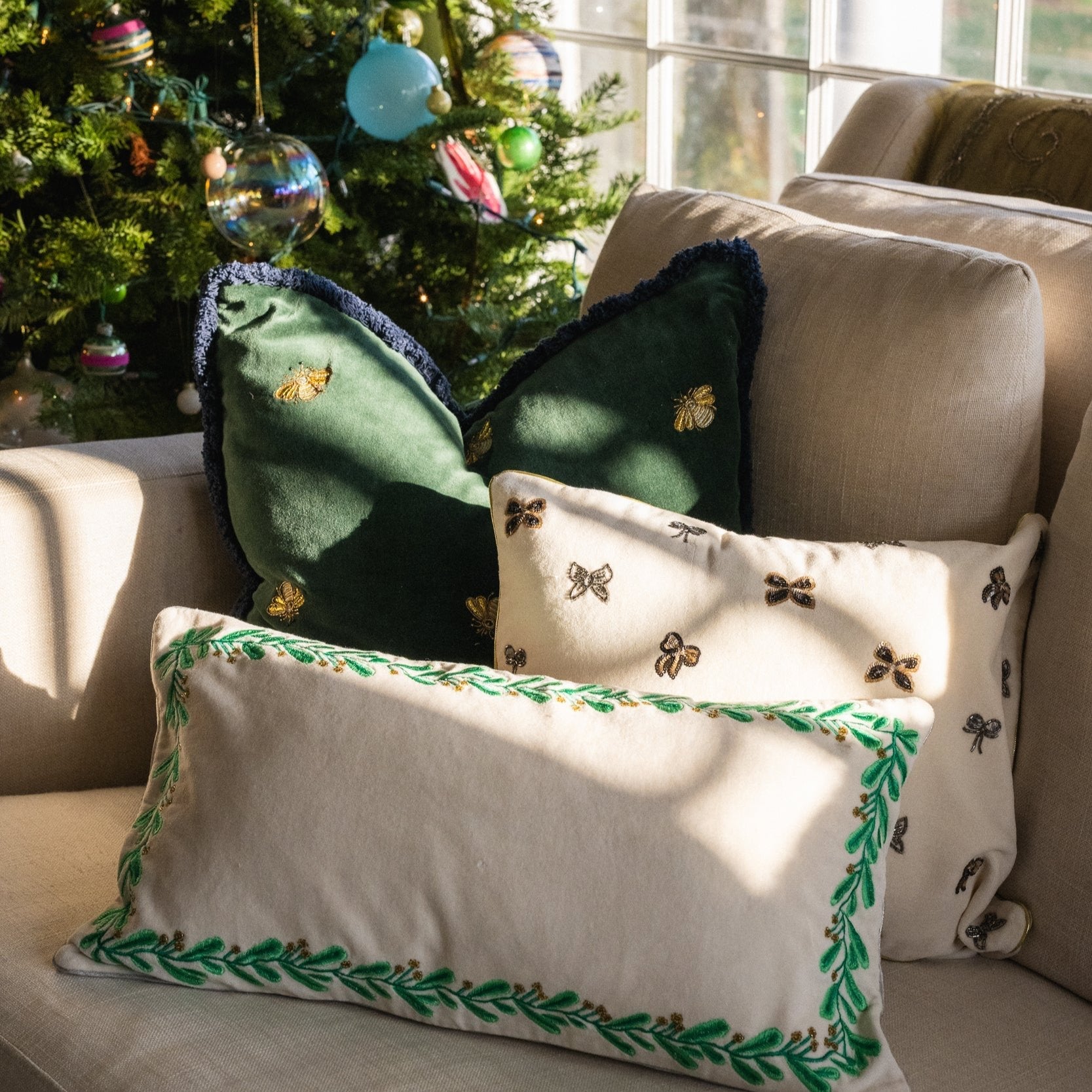 Embroidered bow pillow, cream cotton velvet