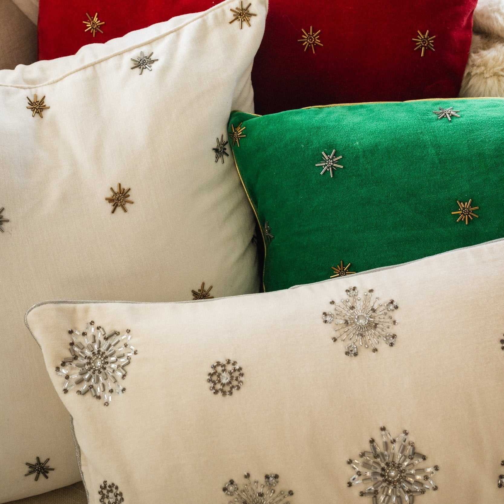 Embroidered snowflake pillow, cream cotton velvet