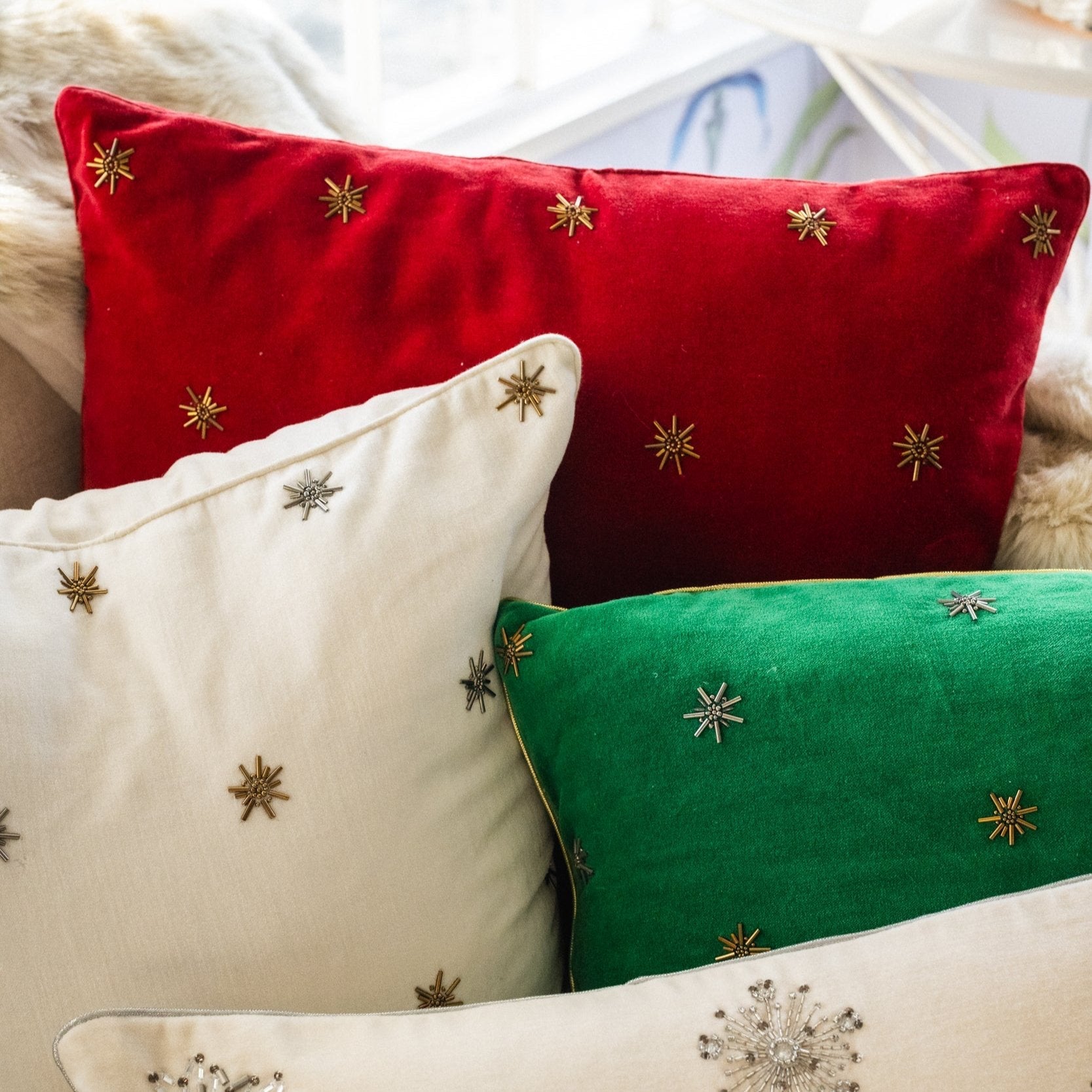 Embroidered star pillow, red cotton velvet