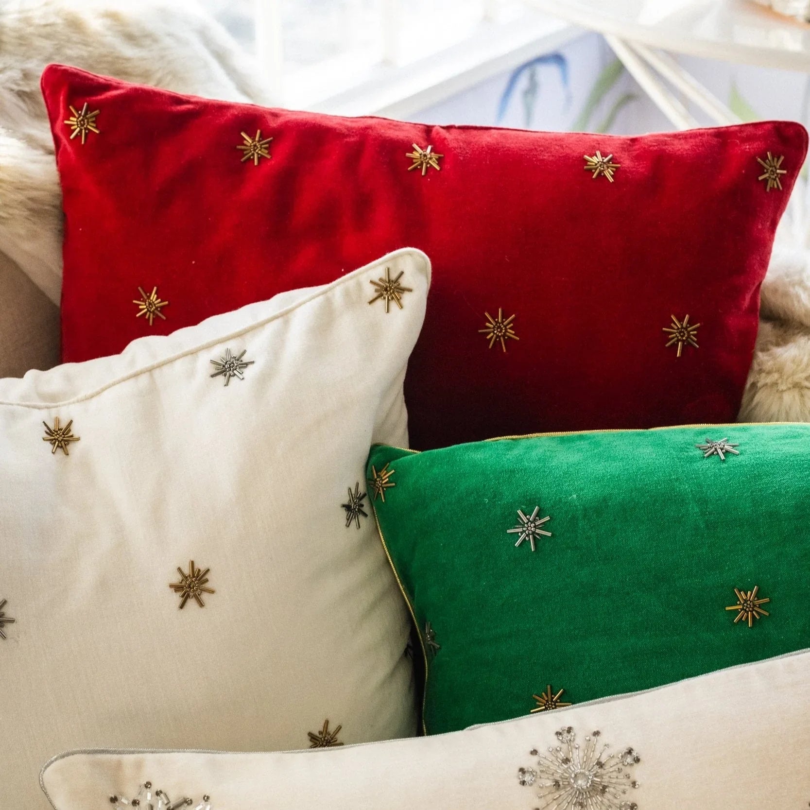Embroidered Star Emerald Green Velvet Pillow