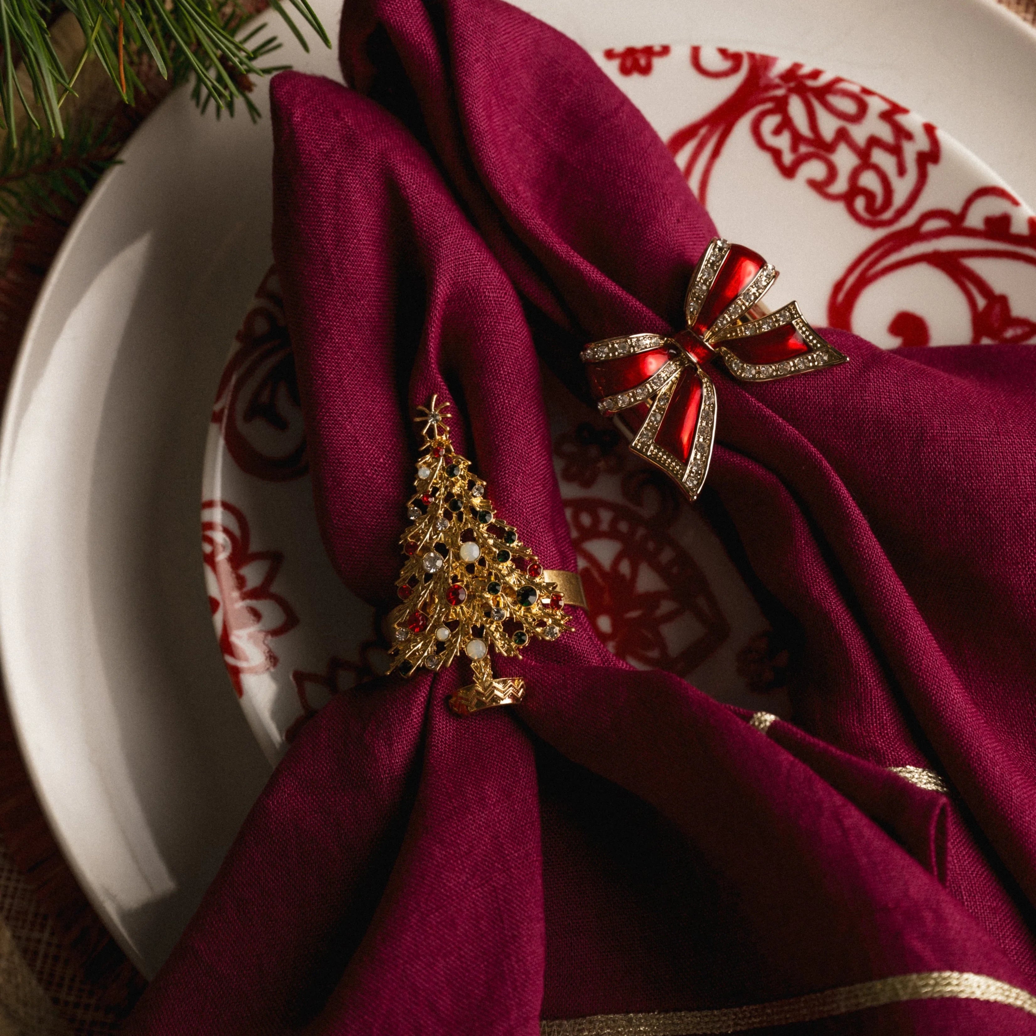 Gold trim dinner napkins, damson, set of two