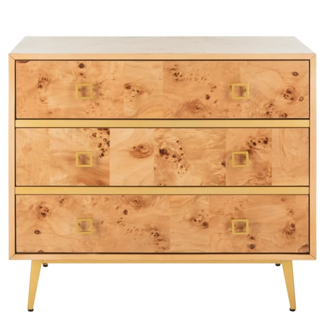 Katia 3 Drawer Wood Chest in Natural with Gold Knob