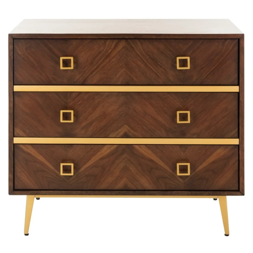 Katia 3 Drawer Wood Chest in Walnut with Gold Knob