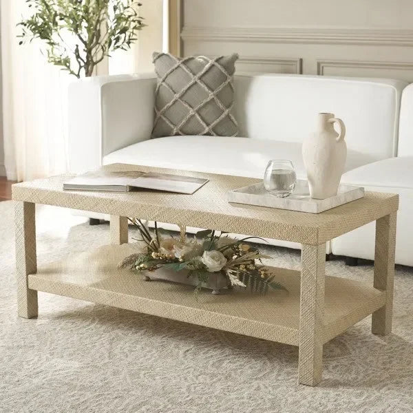 Apis Raffia Wood Coffee Table in Natural with Shelves - The Mayfair Hall