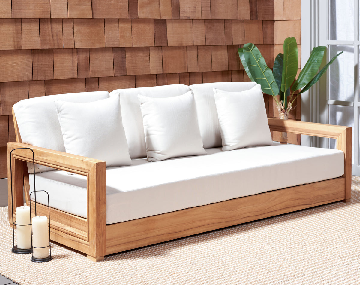Montford Brazilian Teak 3 Seater Sofa in Natural Teak and Dark Brown