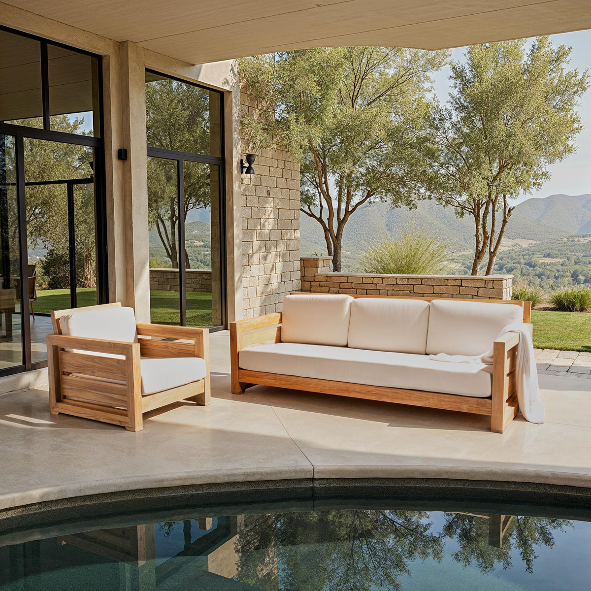 Molokai Brazilian Teak Patio Sofa in Natural and White
