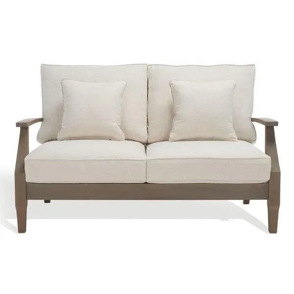 Martinique Wood Patio Loveseat in Light Gray and Beige - The Mayfair Hall