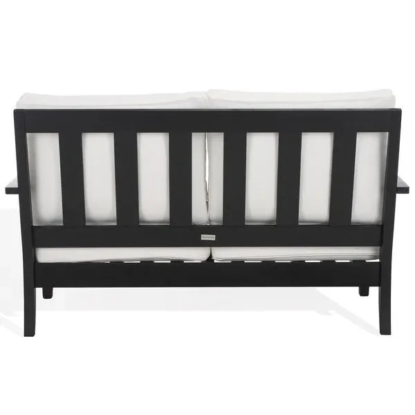 Martinique Wood Patio Loveseat in Black/White with Upholstered Cushion - The Mayfair Hall