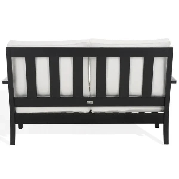 Martinique Wood Patio Loveseat in Black/White with Upholstered Cushion - The Mayfair Hall