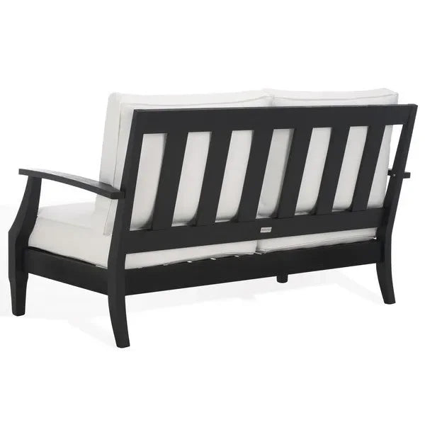 Martinique Wood Patio Loveseat in Black/White with Upholstered Cushion - The Mayfair Hall
