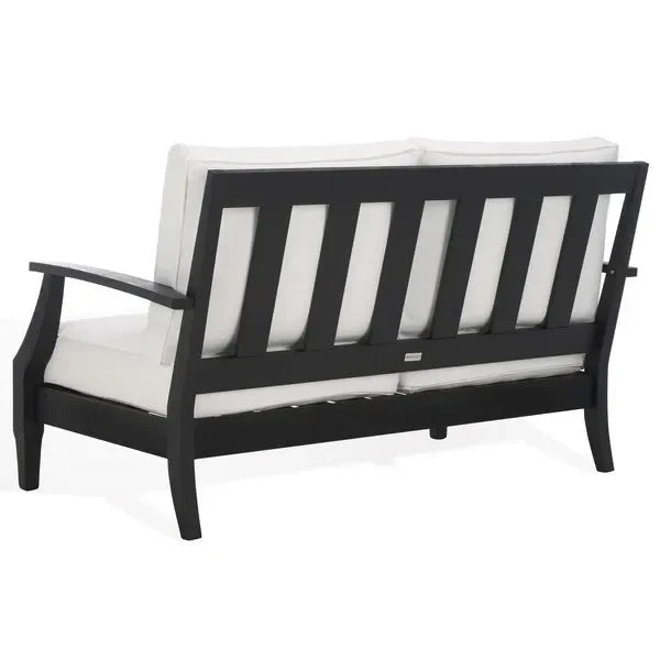 Martinique Wood Patio Loveseat in Black/White with Upholstered Cushion - The Mayfair Hall