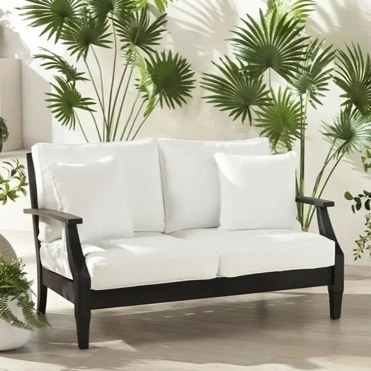 Martinique Wood Patio Loveseat in Black/White with Upholstered Cushion - The Mayfair Hall