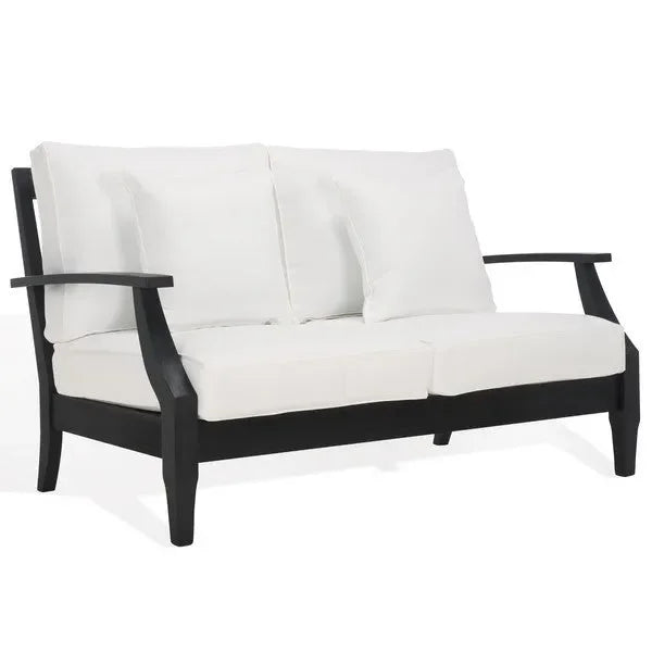 Martinique Wood Patio Loveseat in Black/White with Upholstered Cushion - The Mayfair Hall