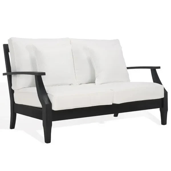 Martinique Wood Patio Loveseat in Black/White with Upholstered Cushion - The Mayfair Hall