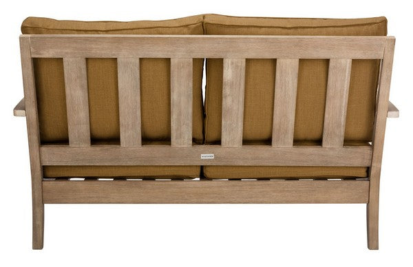 Martinique Wood Patio Loveseat in Natural with Brown Cushion