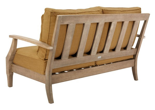 Martinique Wood Patio Loveseat in Natural with Brown Cushion