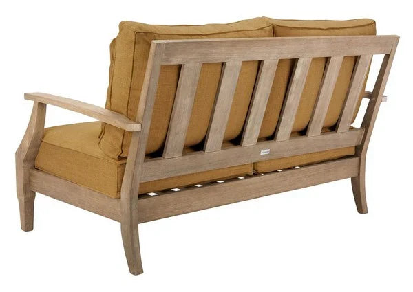 Martinique Wood Patio Loveseat in Natural with Brown Cushion