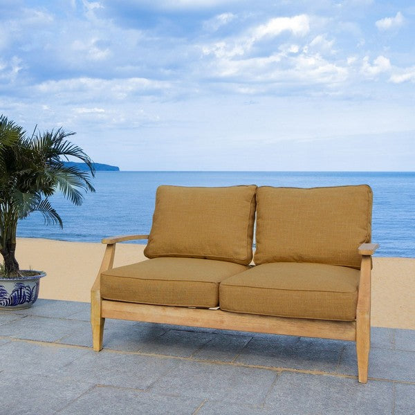 Martinique Wood Patio Loveseat in Natural with Brown Cushion