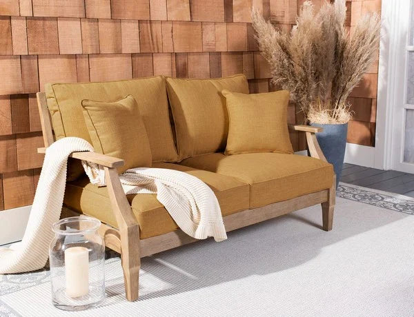 Martinique Wood Patio Loveseat in Natural with Brown Cushion