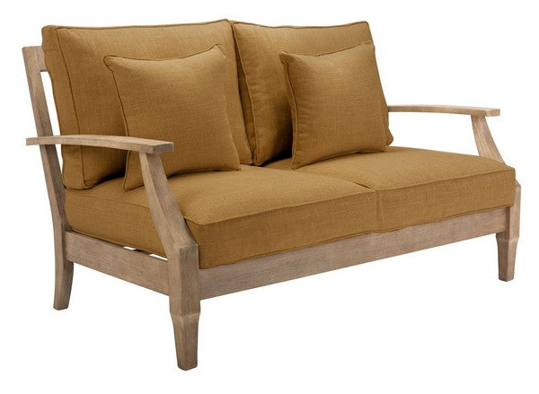 Martinique Wood Patio Loveseat in Natural with Brown Cushion