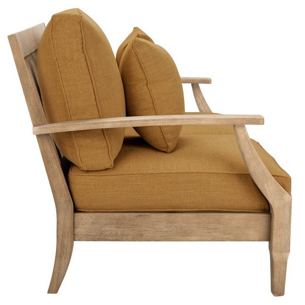 Martinique Wood Patio Loveseat in Natural with Brown Cushion