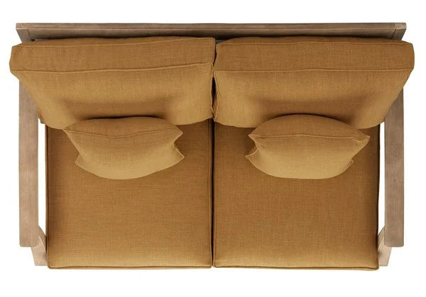 Martinique Wood Patio Loveseat in Natural with Brown Cushion