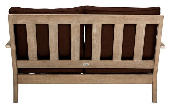 Martinique Wood Patio Loveseat in Natural with Dark Brown Cushion