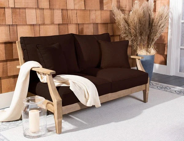Martinique Wood Patio Loveseat in Natural with Dark Brown Cushion