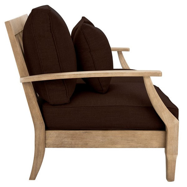 Martinique Wood Patio Loveseat in Natural with Dark Brown Cushion