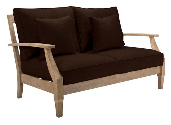 Martinique Wood Patio Loveseat in Natural with Dark Brown Cushion