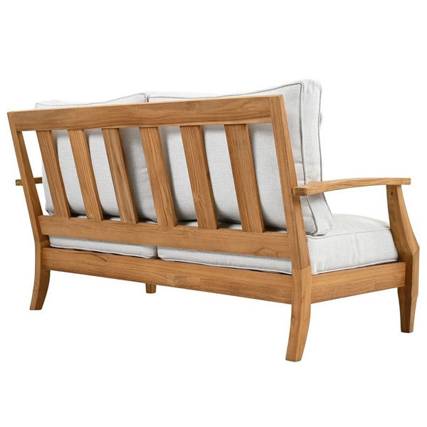 Martinique Teakwood Patio Loveseat in Natural Teak with White Cushion