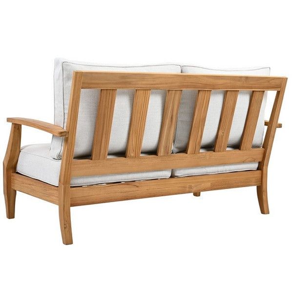 Martinique Teakwood Patio Loveseat in Natural Teak with White Cushion